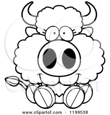 Cartoon of a Black And White Cute Sitting Buffalo Calf - Royalty Free Vector Clipart by Cory Thoman