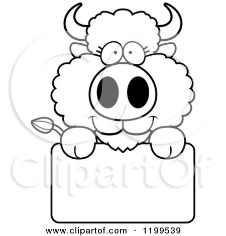 Cartoon of a Black And White Cute Buffalo Calf over a Sign - Royalty Free Vector Clipart by Cory Thoman