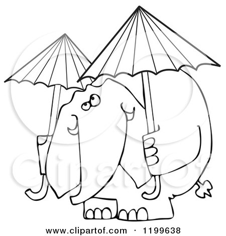 Cartoon of an Outlined Elephant with Two Umbrellas - Royalty Free Vector Clipart by djart