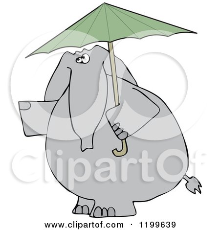 Cartoon of an Elephant with a Green Umbrella - Royalty Free Vector Clipart by djart
