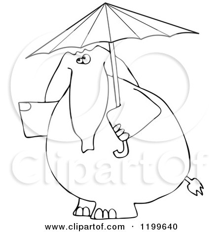 Cartoon of an Outlined Elephant with an Umbrella - Royalty Free Vector Clipart by djart