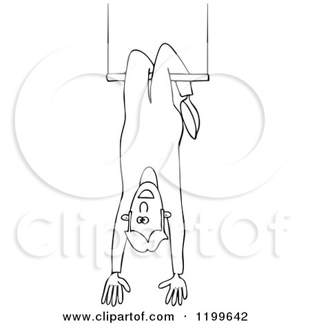 Cartoon of an Outlined Circus Man Hanging Upside down on a Trapeze - Royalty Free Vector Clipart by djart