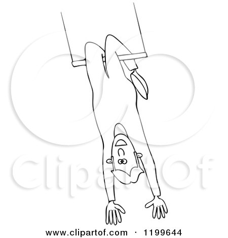 Cartoon of an Outlined Circus Man Swinging Upside down on a Trapeze - Royalty Free Vector Clipart by djart