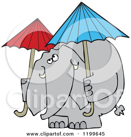 Cartoon of an Elephant with Two Umbrellas - Royalty Free Vector Clipart by djart