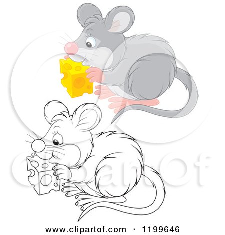 Cartoon of a Black and White and Colored Cute Mouse Eating Cheese - Royalty Free Vector Clipart by Alex Bannykh