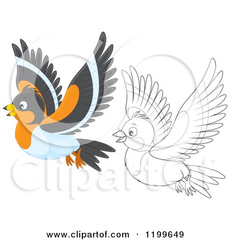Cartoon of a Black and White and Colored Cute Bramble Finch Flying - Royalty Free Vector Clipart by Alex Bannykh