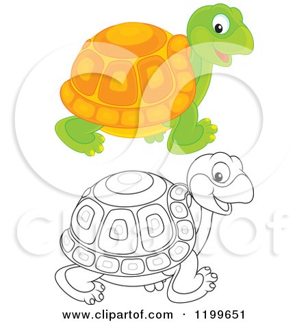 Cartoon of a Black and White and Colored Cute Tortoise Walking - Royalty Free Vector Clipart by Alex Bannykh