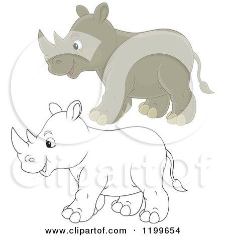 Cartoon of a Black and White and Colored Cute Rhino Walking - Royalty Free Vector Clipart by Alex Bannykh