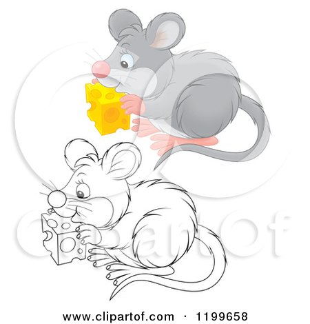 Cartoon of a Colored and Line Art Cute Mouse Eating Cheese - Royalty Free Clipart by Alex Bannykh