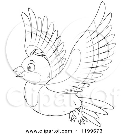 Cartoon of a Black and White Cute Bramble Finch Flying - Royalty Free Vector Clipart by Alex Bannykh