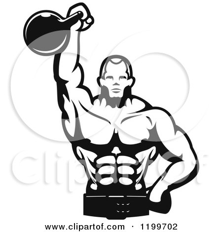 Clipart of a Black and White Male Bodybuilder Using a Kettlebell for Tricep Extensions 2 - Royalty Free Vector Illustration by Vector Tradition SM