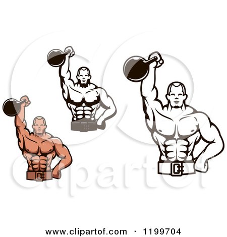 Clipart of Male Bodybuilders Using Kettlebells for Tricep Extensions - Royalty Free Vector Illustration by Vector Tradition SM