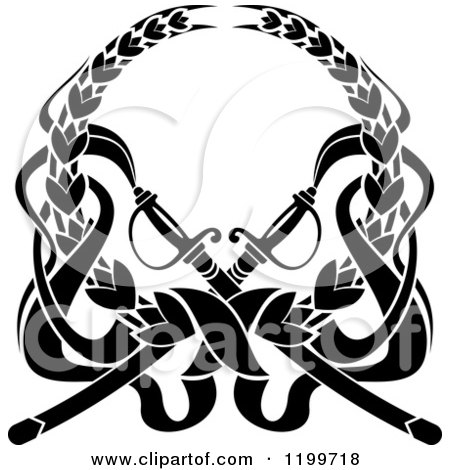 Clipart of a Black Laurel Wreath with Swords 2 - Royalty Free Vector Illustration by Vector Tradition SM
