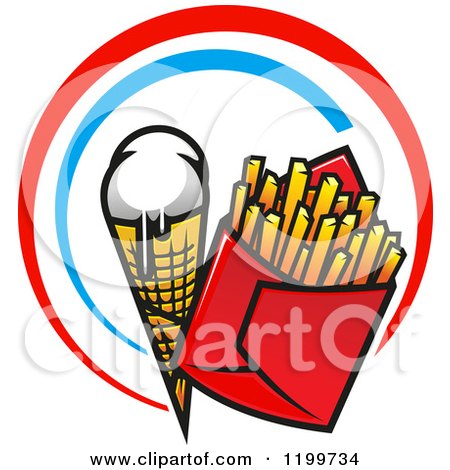 Clipart of a Fast Food Design of a Melting Waffle Ice Cream Cone and French Fries in Red and Blue Rings - Royalty Free Vector Illustration by Vector Tradition SM