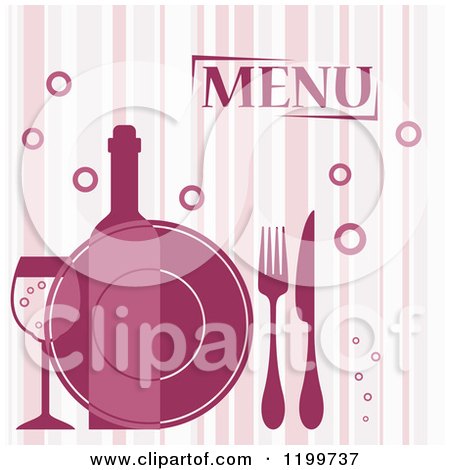 Clipart of a Striped Menu Cover with Bubbles Cutlery a Plate and Wine - Royalty Free Vector Illustration by Vector Tradition SM