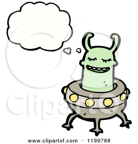 Cartoon of a Space Alien in a Flying Saucer Thinking - Royalty Free Vector Illustration by lineartestpilot