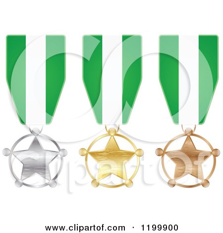 Clipart of Silver Gold and Bronze Star Medals with Nigerian Flag Ribbons - Royalty Free Vector Illustration by Andrei Marincas