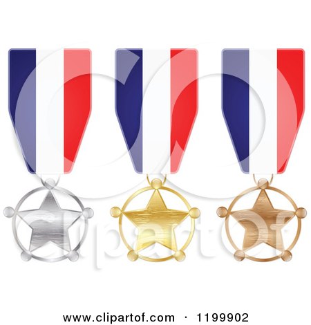Clipart of Silver Gold and Bronze Star Medals with French Flag Ribbons - Royalty Free Vector Illustration by Andrei Marincas