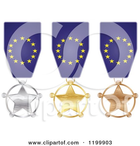 Clipart of Silver Gold and Bronze Star Medals with European Flag Ribbons - Royalty Free Vector Illustration by Andrei Marincas