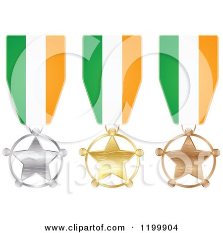 Clipart of Silver Gold and Bronze Star Medals with Irish Flag Ribbons - Royalty Free Vector Illustration by Andrei Marincas