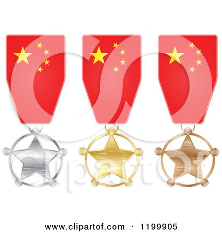 Clipart of Silver Gold and Bronze Star Medals with Chinese Flag Ribbons - Royalty Free Vector Illustration by Andrei Marincas