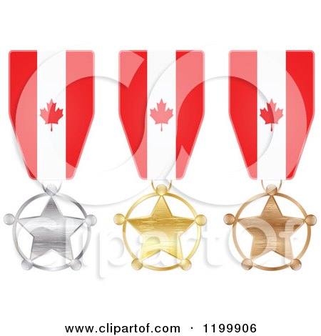 Clipart of Silver Gold and Bronze Star Medals with Canadian Flag Ribbons - Royalty Free Vector Illustration by Andrei Marincas