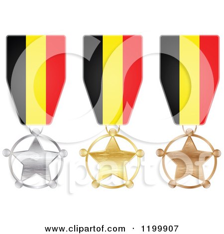 Clipart of Silver Gold and Bronze Star Medals with Belgian Flag Ribbons - Royalty Free Vector Illustration by Andrei Marincas