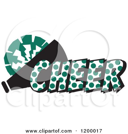 Clipart of a Forest Green Polka Dot CHEER with a Bullhorn and Pom Pom - Royalty Free Vector Illustration by Johnny Sajem