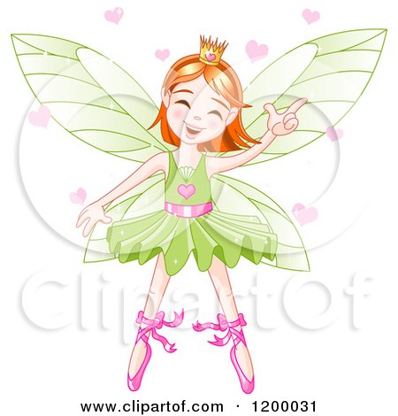 Cartoon of a Happy Dancing Fairy Ballerina with Red Hair a Green Tutu and Hearts - Royalty Free Vector Clipart by Pushkin