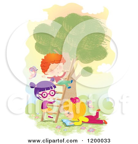 Cartoon of Children Playing on a Tree Ladder and Reading Outdoors - Royalty Free Vector Clipart by Alexia Lougiaki