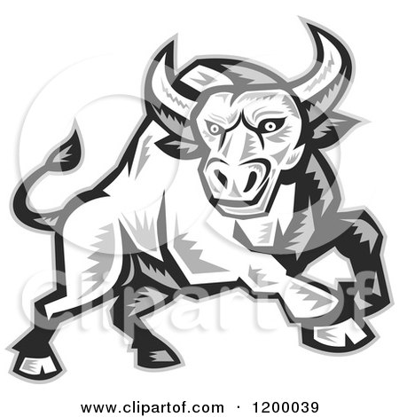 Clipart of a Grayscale Woodcut Charging Angry Bull - Royalty Free Vector Illustration by patrimonio
