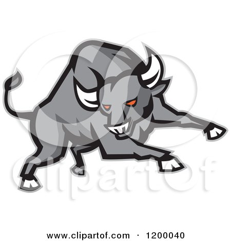 Clipart of a Charging Red Eyed Angry Gray Bull - Royalty Free Vector Illustration by patrimonio