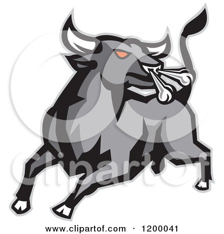 Clipart of a Charging and Snorting Red Eyed Angry Gray Bull - Royalty Free Vector Illustration by patrimonio