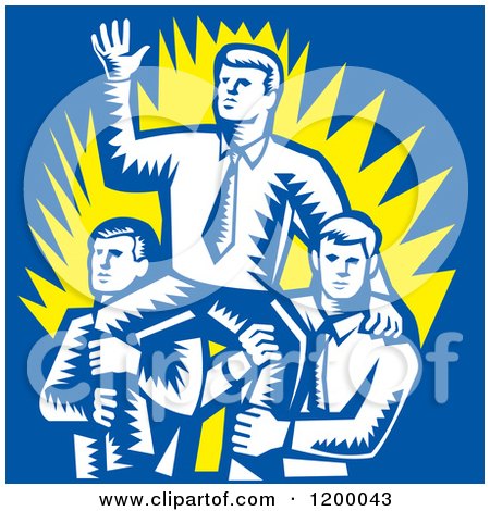 Clipart of a Retro Woodcut Businessman Waving and Being Carried by Colleagues on Blue - Royalty Free Vector Illustration by patrimonio
