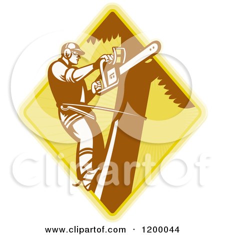 Clipart of a Retro Tree Surgeon Arborist with a Chainsaw on a Diamond - Royalty Free Vector Illustration by patrimonio