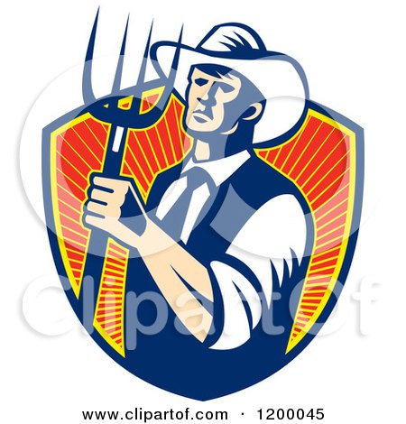 Retro Cowboy Farmer Holding a Pitchfork over a Shield of Rays Posters, Art Prints