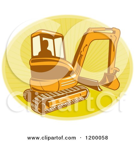 Clipart of a Silhouetted Worker Operating a Digger Excavator Machine over a Yellow Oval of Rays - Royalty Free Vector Illustration by patrimonio