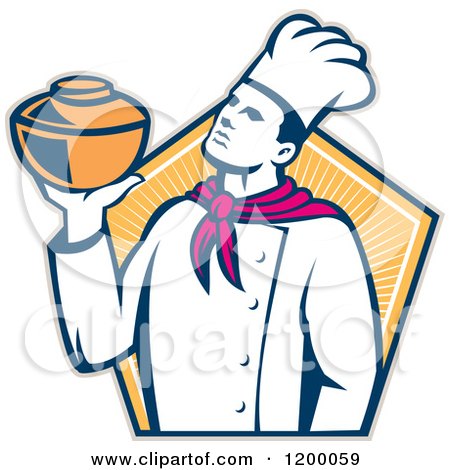 Clipart of a Retro Chef Baker Holding a Pot over a Hexagon of Rays - Royalty Free Vector Illustration by patrimonio