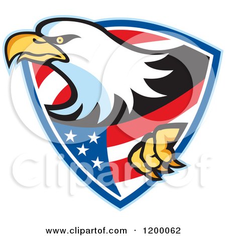 Clipart of a Retro Bald Eagle Climbing Through an American Shield - Royalty Free Vector Illustration by patrimonio