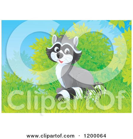 Cartoon of a Cute Happy Raccoon Sitting near Shrubs - Royalty Free Vector Clipart by Alex Bannykh