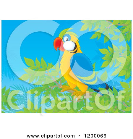 Cartoon of a Happy Parrot in a Tree Against Blue Sky - Royalty Free Vector Clipart by Alex Bannykh