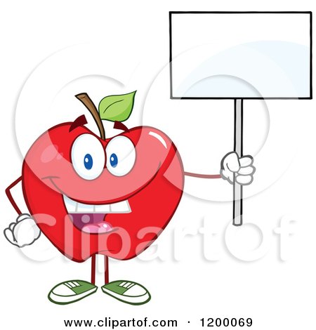 Cartoon of a Happy Red Apple Mascot Holding a Sign - Royalty Free Vector Clipart by Hit Toon