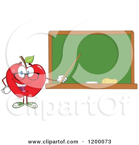 Cartoon of a Red Apple Teacher Mascot Using a Pointer Stick by a Chalk Board - Royalty Free Vector Clipart by Hit Toon