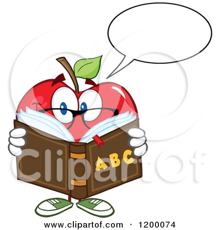 Cartoon of a Talking Red Apple Teacher Mascot Reading an Alphabet Book - Royalty Free Vector Clipart by Hit Toon