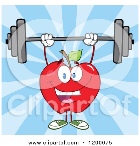 Cartoon of a Happy Strong Red Apple Mascot Lifting a Barbell over Blue Rays - Royalty Free Vector Clipart by Hit Toon