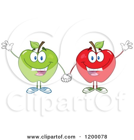 Cartoon of Friendly Green and Red Apple Mascots Waving - Royalty Free Vector Clipart by Hit Toon