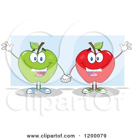 Cartoon of Friendly Green and Red Apple Mascots Waving over Blue - Royalty Free Vector Clipart by Hit Toon
