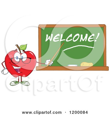Cartoon of a Red Apple Teacher Mascot Using a Pointer Stick by a Welcome Chalk Board - Royalty Free Vector Clipart by Hit Toon