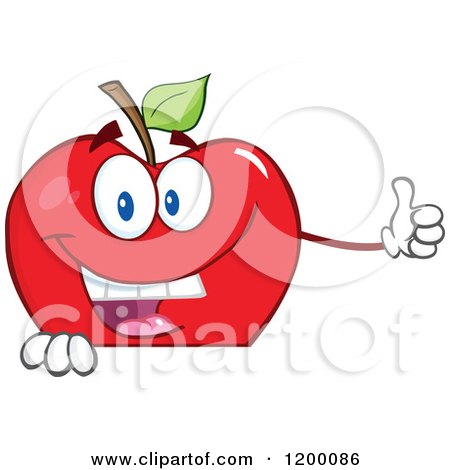 Cartoon of a Happy Red Apple Mascot Holding a Thumb up over a Sign - Royalty Free Vector Clipart by Hit Toon