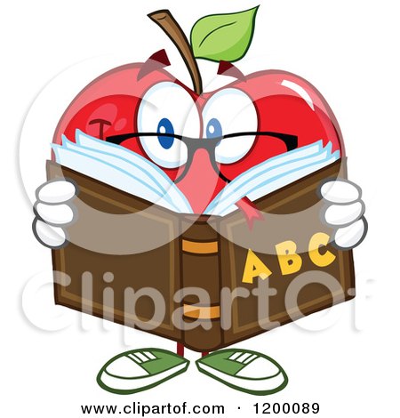 Cartoon of a Red Apple Teacher Mascot Reading an Alphabet Book - Royalty Free Vector Clipart by Hit Toon